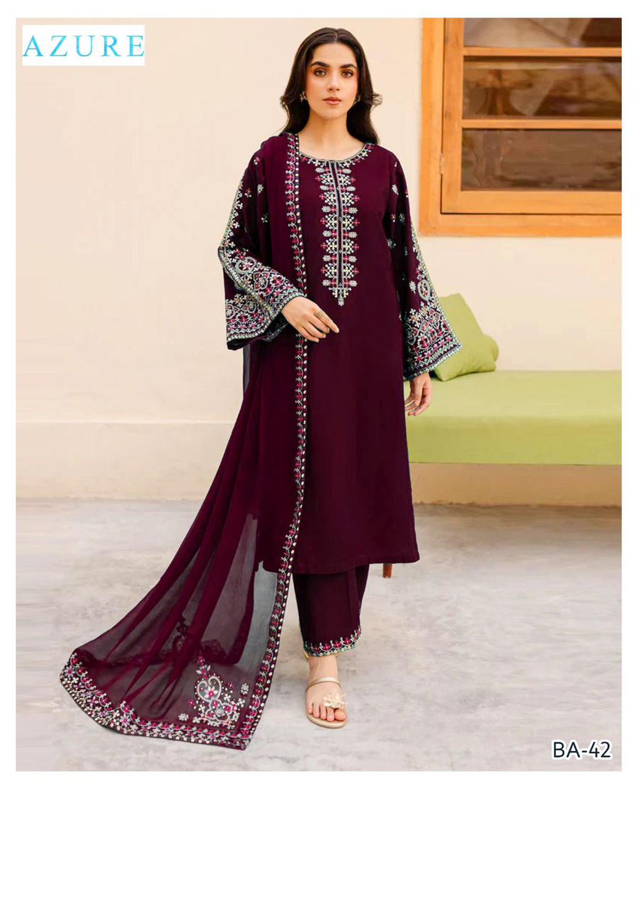 Azure 3-Piece BANADORA Lawn Suit – Full Embroidered Shirt, Trouser & 4-Side Bamber Dupatta - Deewan E Kharidar