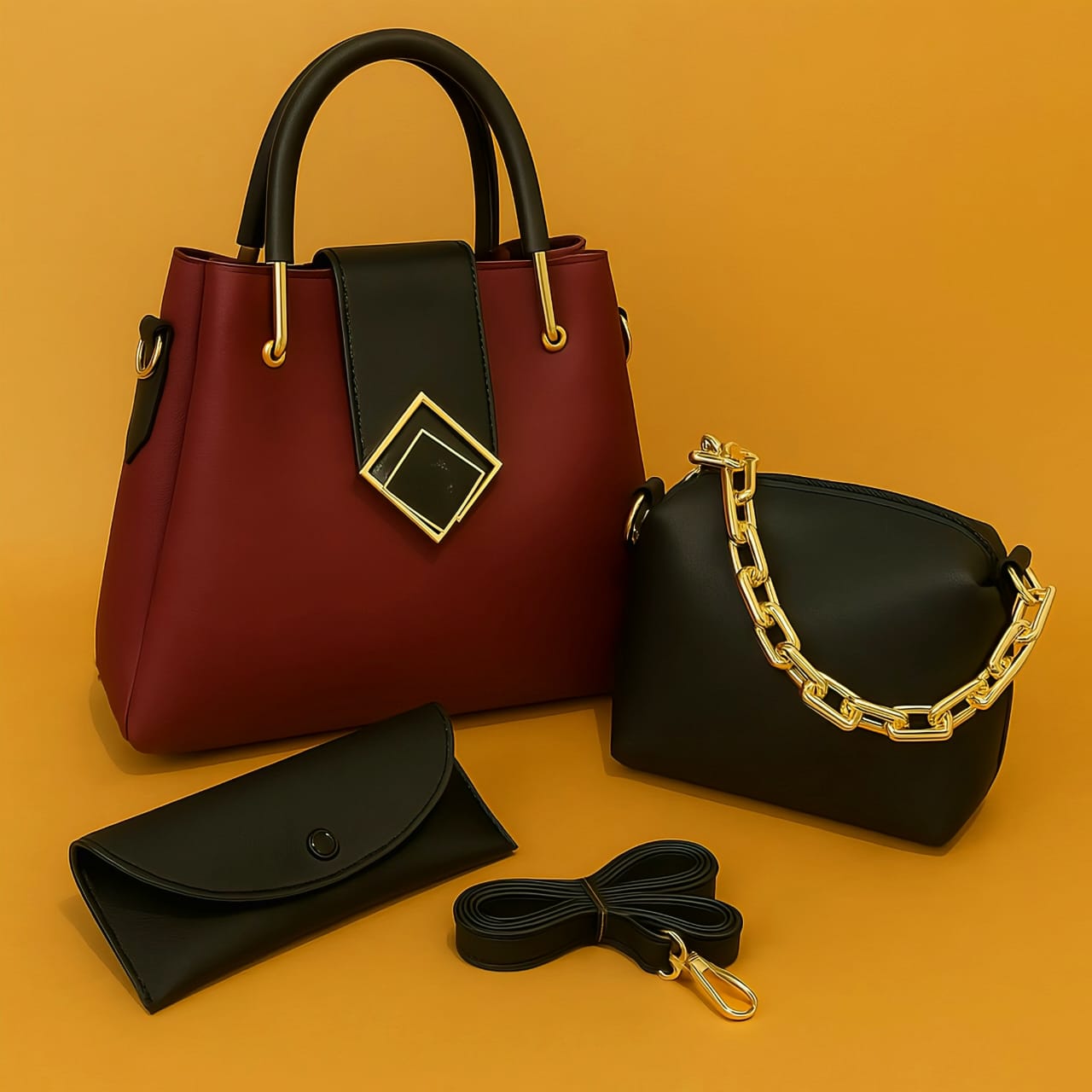 3-Piece High-Quality Synthetic Leather Shoulder Bag Set with Long Strap - Deewan E Kharidar
