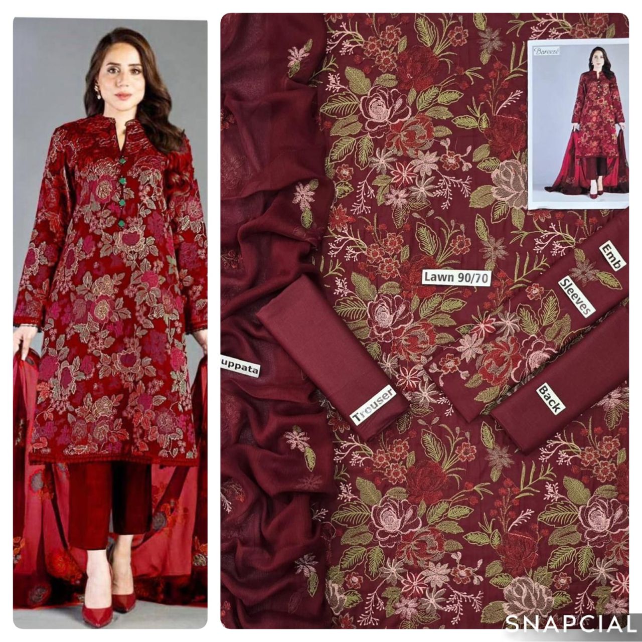 Mix Brands 3PC Embroidered Lawn Suit – Front & Sleeve Embroidery with Bamber Dupatta - Deewan E Kharidar
