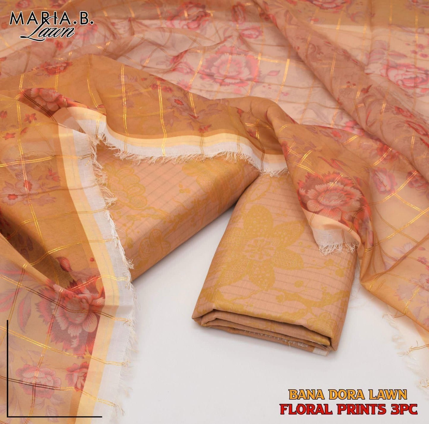 Maria B 3PC Lawn Banadora Silk Suit – Floral Digital Print | Dupatta Included - Deewan E Kharidar