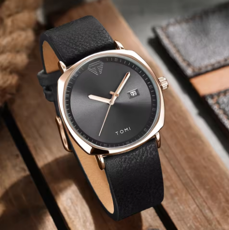 TOMI Men's Minimalist Quartz Watch – Fashion Leather Strap, Sports Style with Calendar - Deewan E Kharidar
