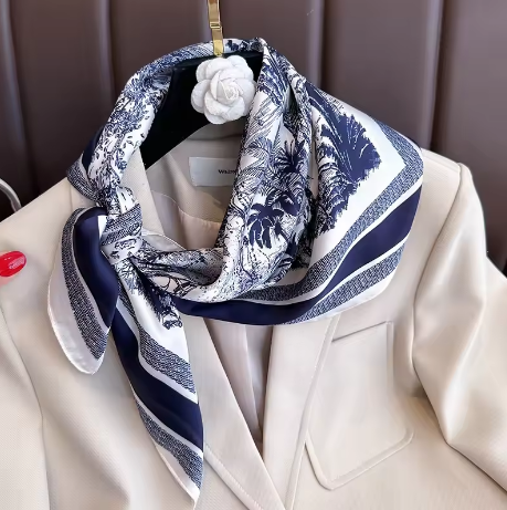 70cm Plant-Printed Silk Scarf for Women – Elegant Square Headwear, Simulated Silk, Versatile Bag & Clothing Accessory - Deewan E Kharidar