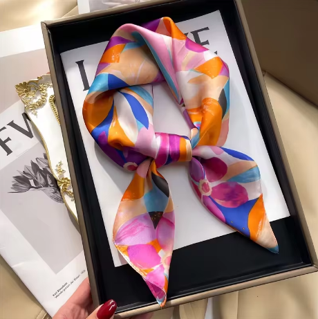70cm Plant-Printed Silk Scarf for Women – Elegant Square Headwear, Simulated Silk, Versatile Bag & Clothing Accessory - Deewan E Kharidar
