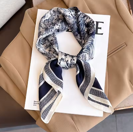 70cm Plant-Printed Silk Scarf for Women – Elegant Square Headwear, Simulated Silk, Versatile Bag & Clothing Accessory - Deewan E Kharidar