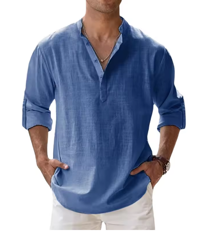Men’s Cotton Linen Casual Long Sleeve Henley Shirt – Lightweight Beachwear & Hawaiian Style - Deewan E Kharidar