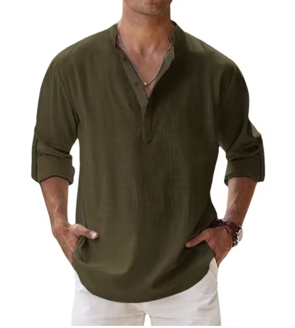 Men’s Cotton Linen Casual Long Sleeve Henley Shirt – Lightweight Beachwear & Hawaiian Style - Deewan E Kharidar