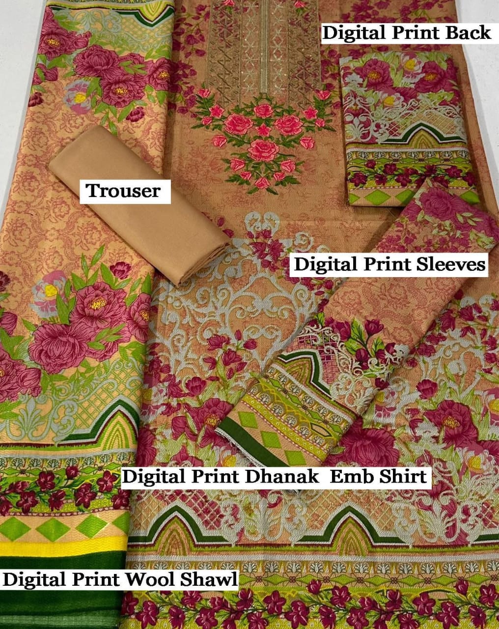 Trendy Dhanak Winter Suit | Digital Print with Embroidery | 3-Piece