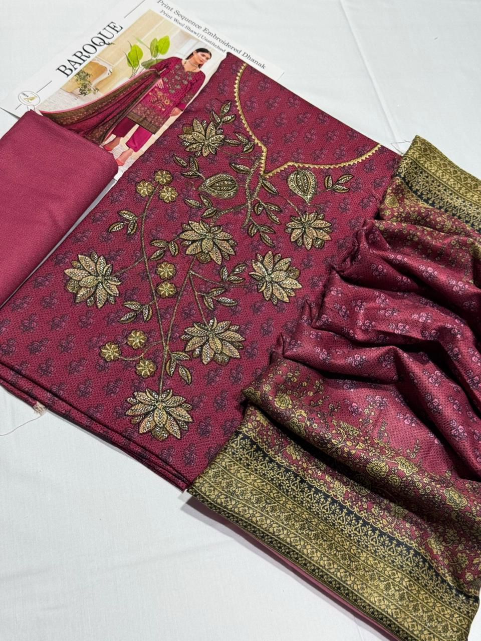 Trendy Dhanak Winter Suit | Digital Print with Embroidery | 3-Piece