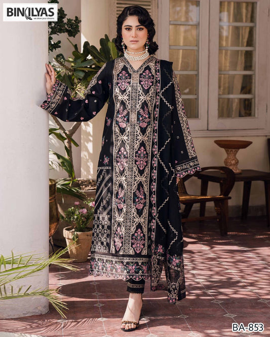 ✨ Bin Ilyas Luxury Embroidered Lawn – 3PC Unstitched Collection | Code: 853 ✨