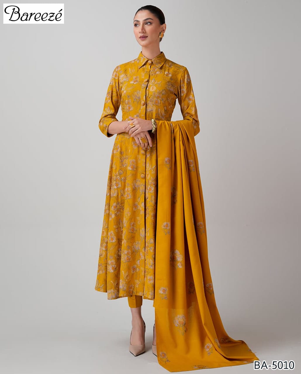 🌟 Bareeze Mustard Embroidered Lawn – 3PC Unstitched | Code: 5010