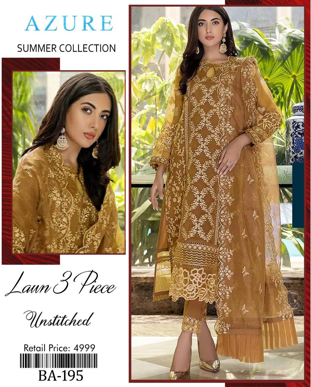 Azure Unstitched Lawn 3-Piece – BA-195 | Elegant Summer Collection