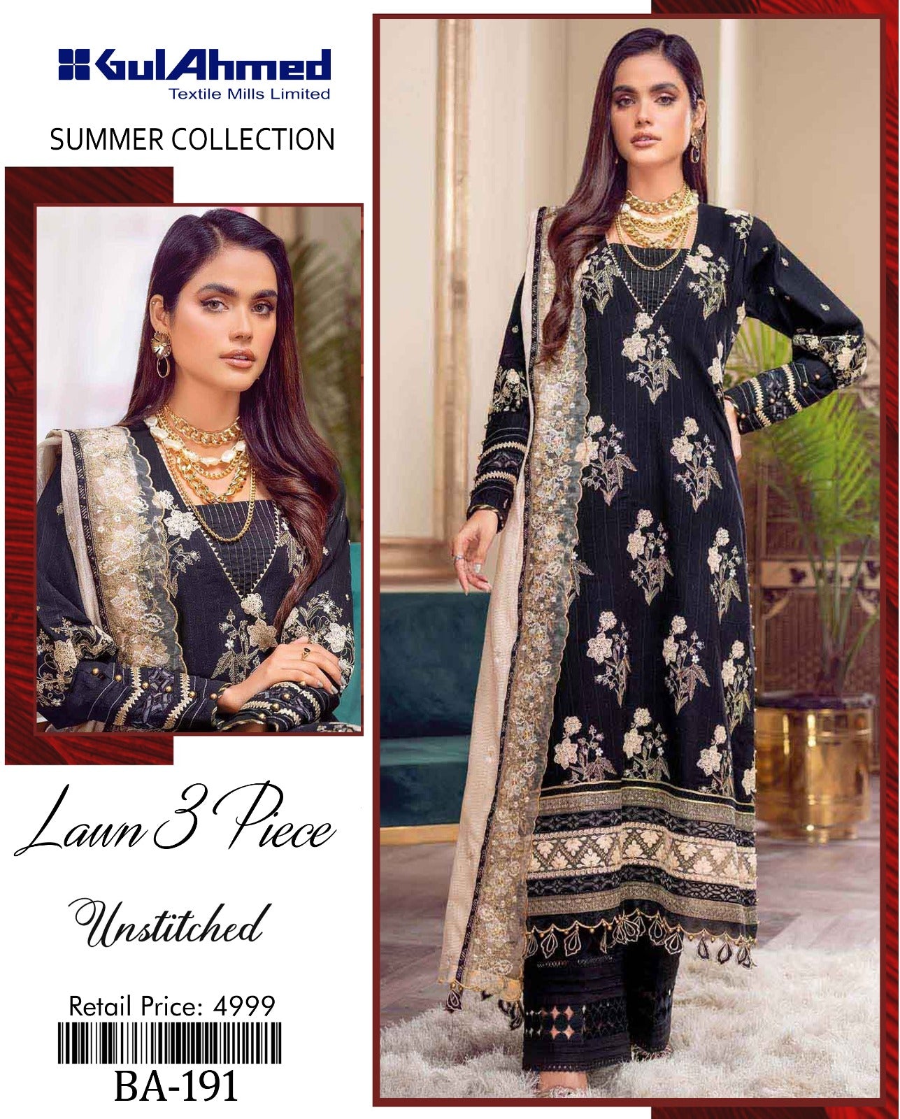 GulAhmed Unstitched Lawn 3-Piece – BA-191 | Elegant Summer Collection