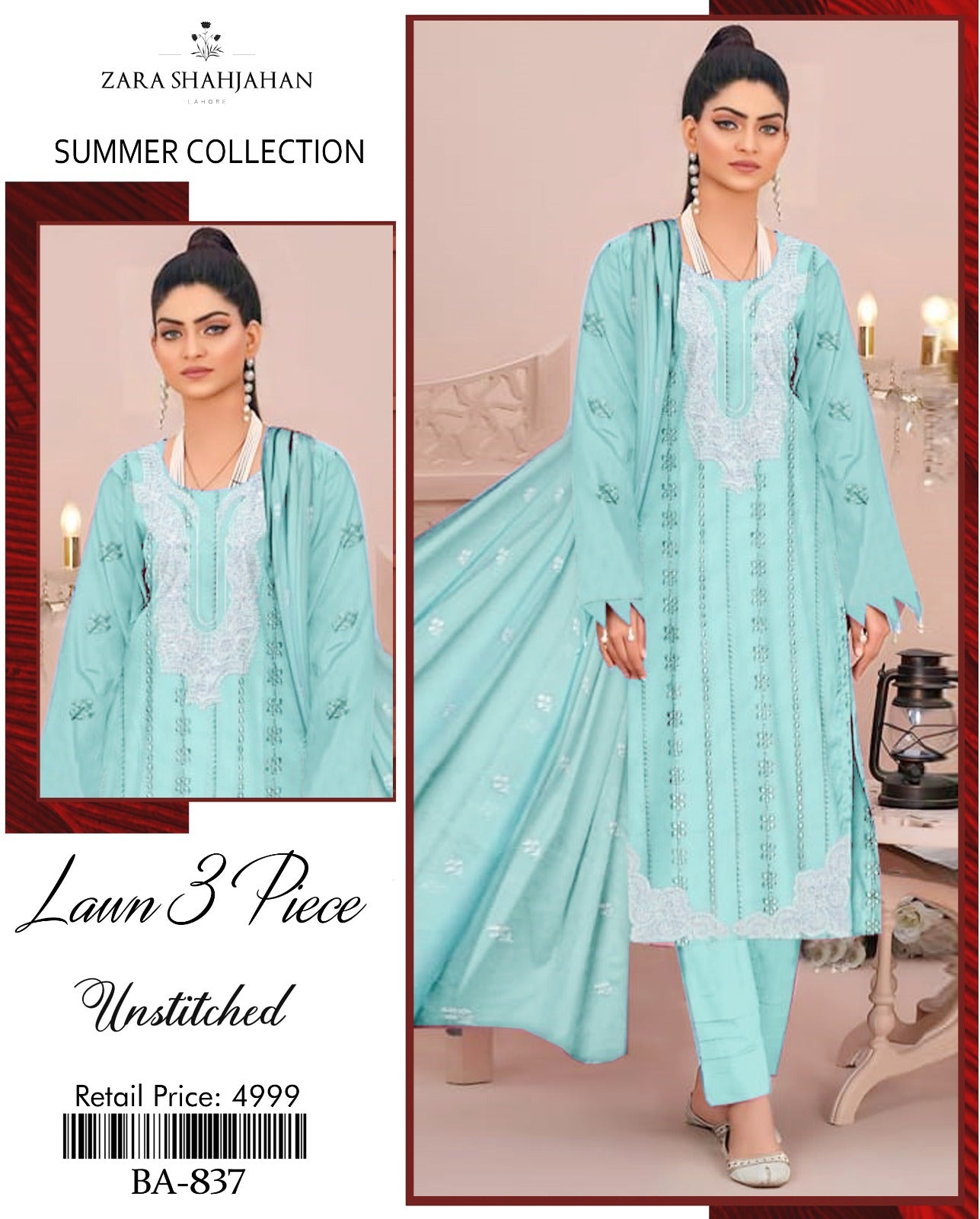 💙 Zara Shahjahan Lawn Collection - Elegant Embroidered 3PC Suit (BA-837) 💙