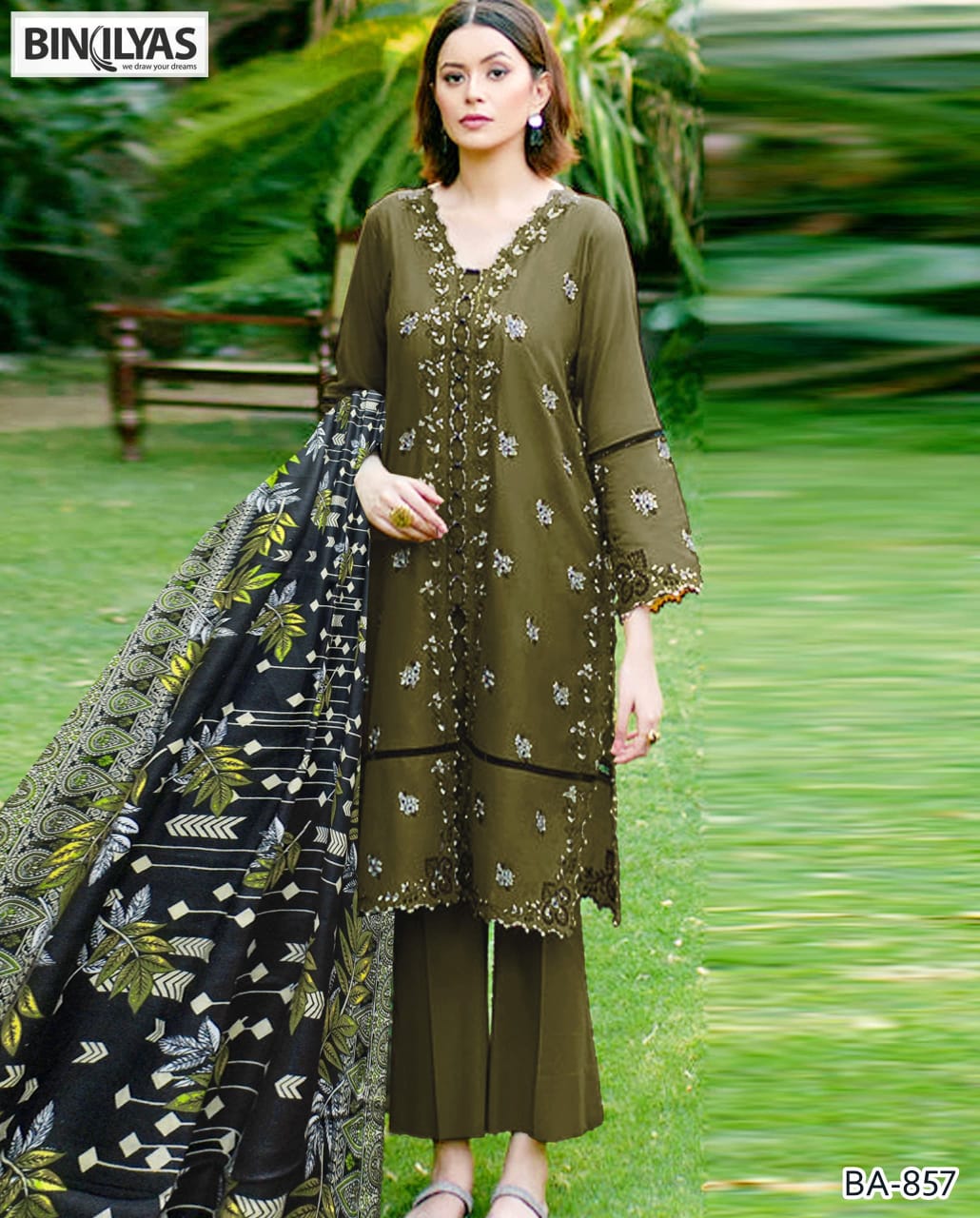 ✨ Bin Ilyas Elegant Embroidered 3PC Lawn Suit (BA-857) ✨