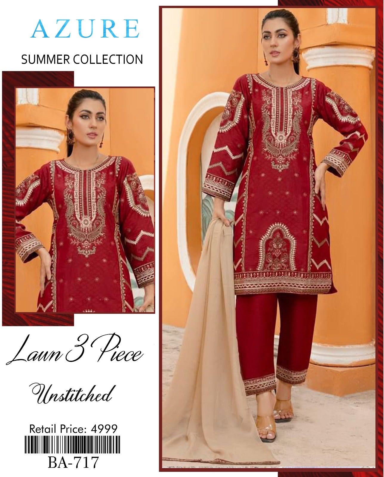 ✨ Azure Luxury Embroidered 3PC Lawn Suit (BA-717) ✨