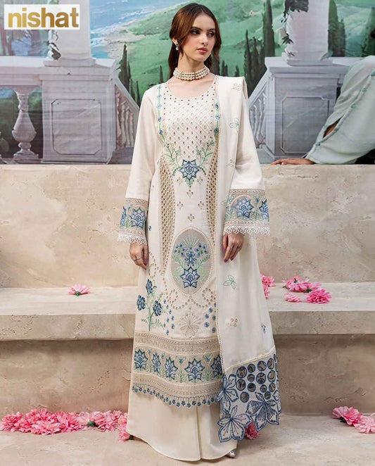 Nishat 3-Piece Chickenkari Embroidered Lawn Suit with Soft Voil Dupatta – Summer 2025 Collection - Deewan E Kharidar