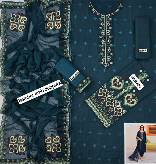 Azure 3-Piece BANADORA Lawn Suit – Full Embroidered Shirt, Trouser & 4-Side Bamber Dupatta - Deewan E Kharidar