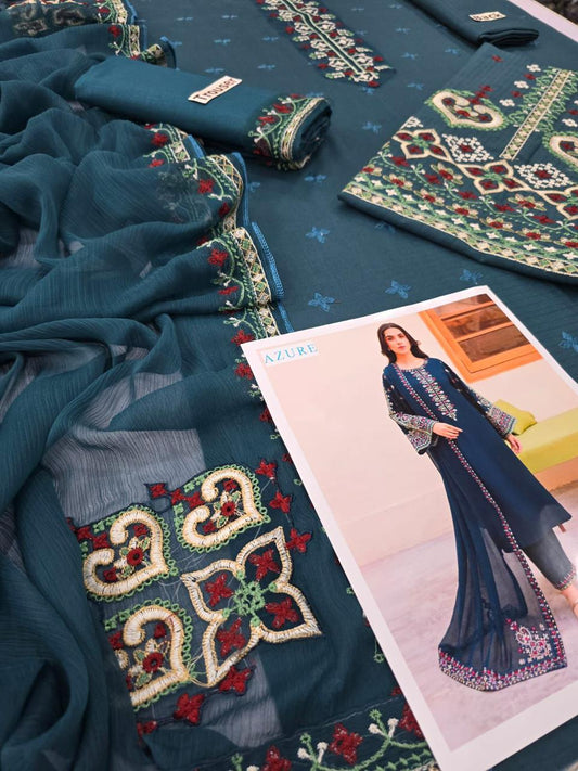 Azure 3-Piece BANADORA Lawn Suit – Full Embroidered Shirt, Trouser & 4-Side Bamber Dupatta - Deewan E Kharidar