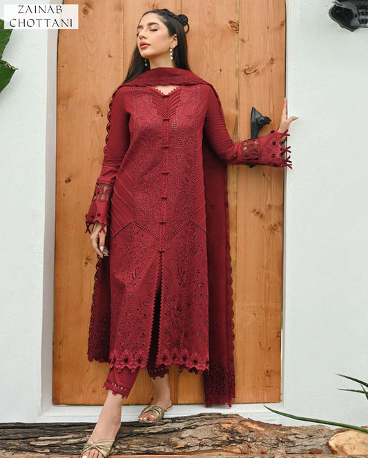 Zainab Chottani 3-Piece Lawn Suit – Chickenkari Embroidered Shirt, Dyed Trouser & Voil Dupatta - Deewan E Kharidar