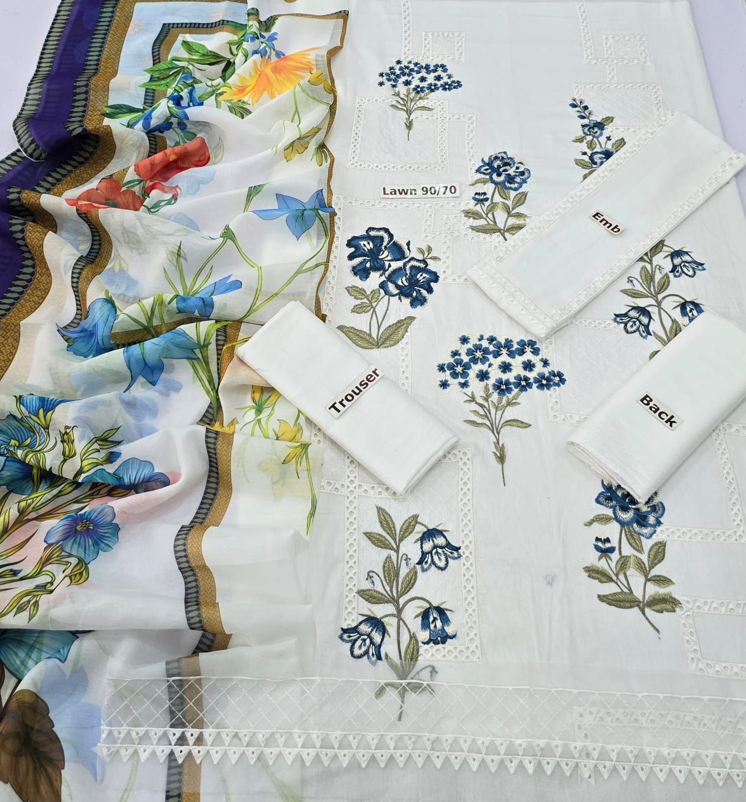 Maria B 3-Piece Lawn Suit – Chickenkari Embroidered Shirt, Dyed Trouser & Digital Printed Dupatta - Deewan E Kharidar