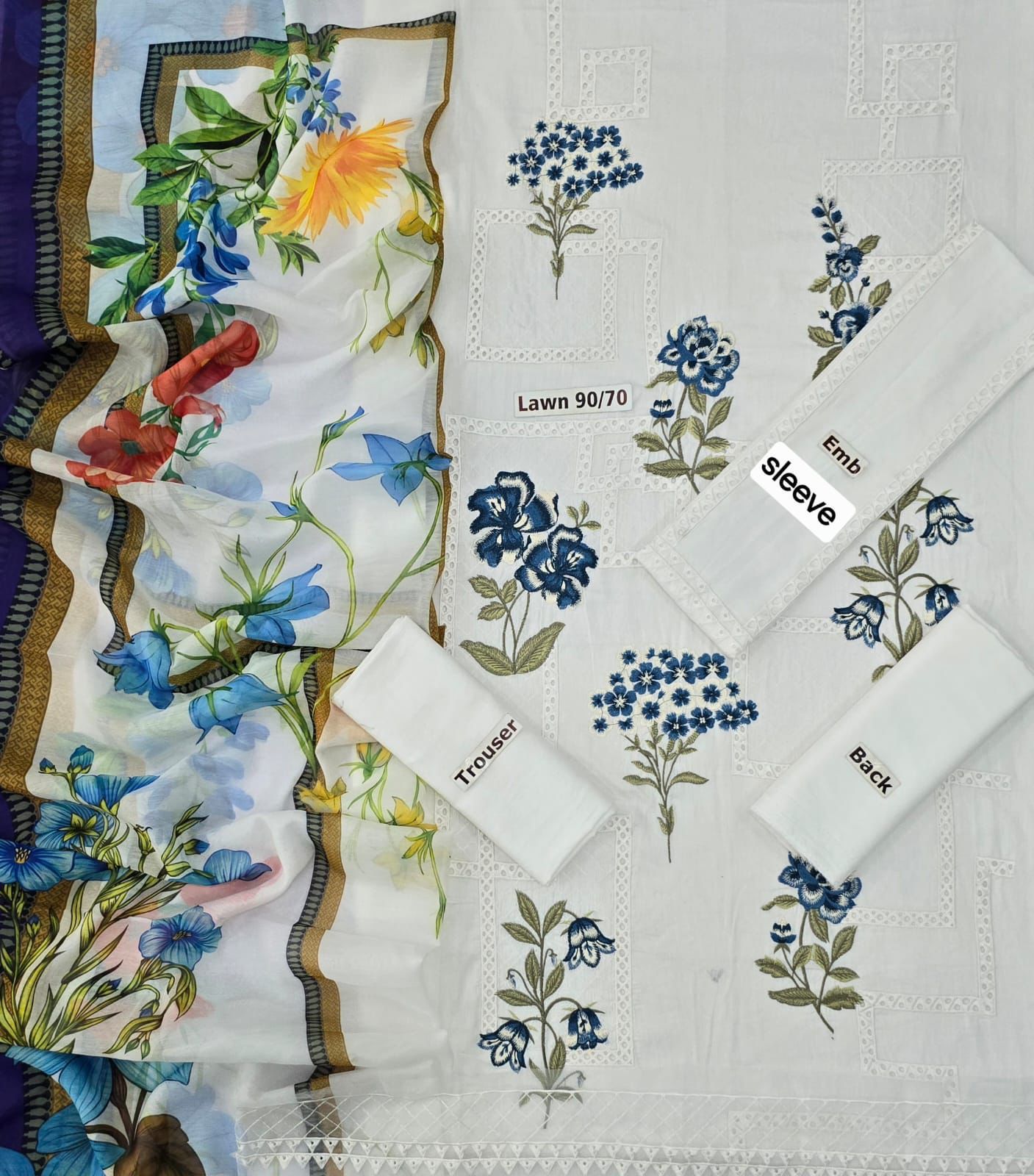 Maria B 3-Piece Lawn Suit – Chickenkari Embroidered Shirt, Dyed Trouser & Digital Printed Dupatta - Deewan E Kharidar