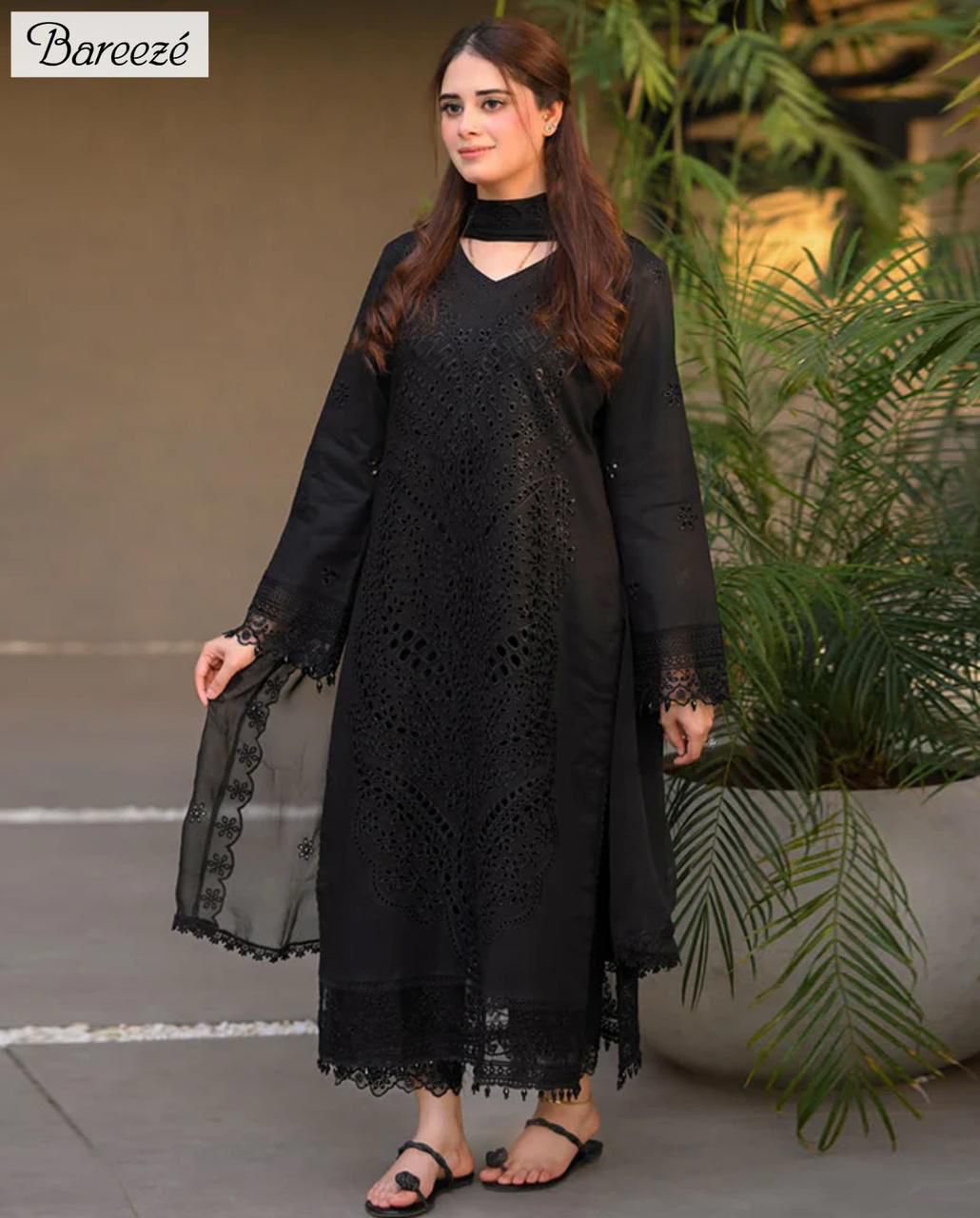 Bareeze 3-Piece Lawn Suit – Chickenkari Embroidered Shirt, Dyed Trouser & Bamber Embroidered Dupatta - Deewan E Kharidar