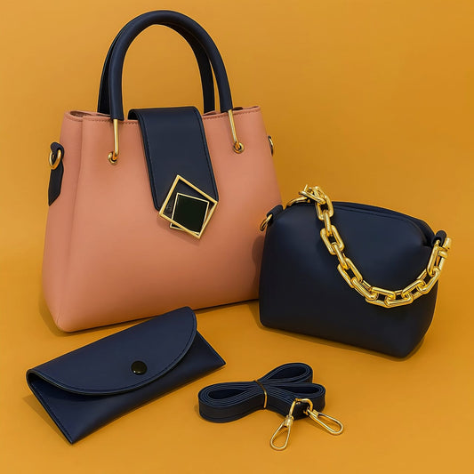 3-Piece High-Quality Synthetic Leather Shoulder Bag Set with Long Strap - Deewan E Kharidar