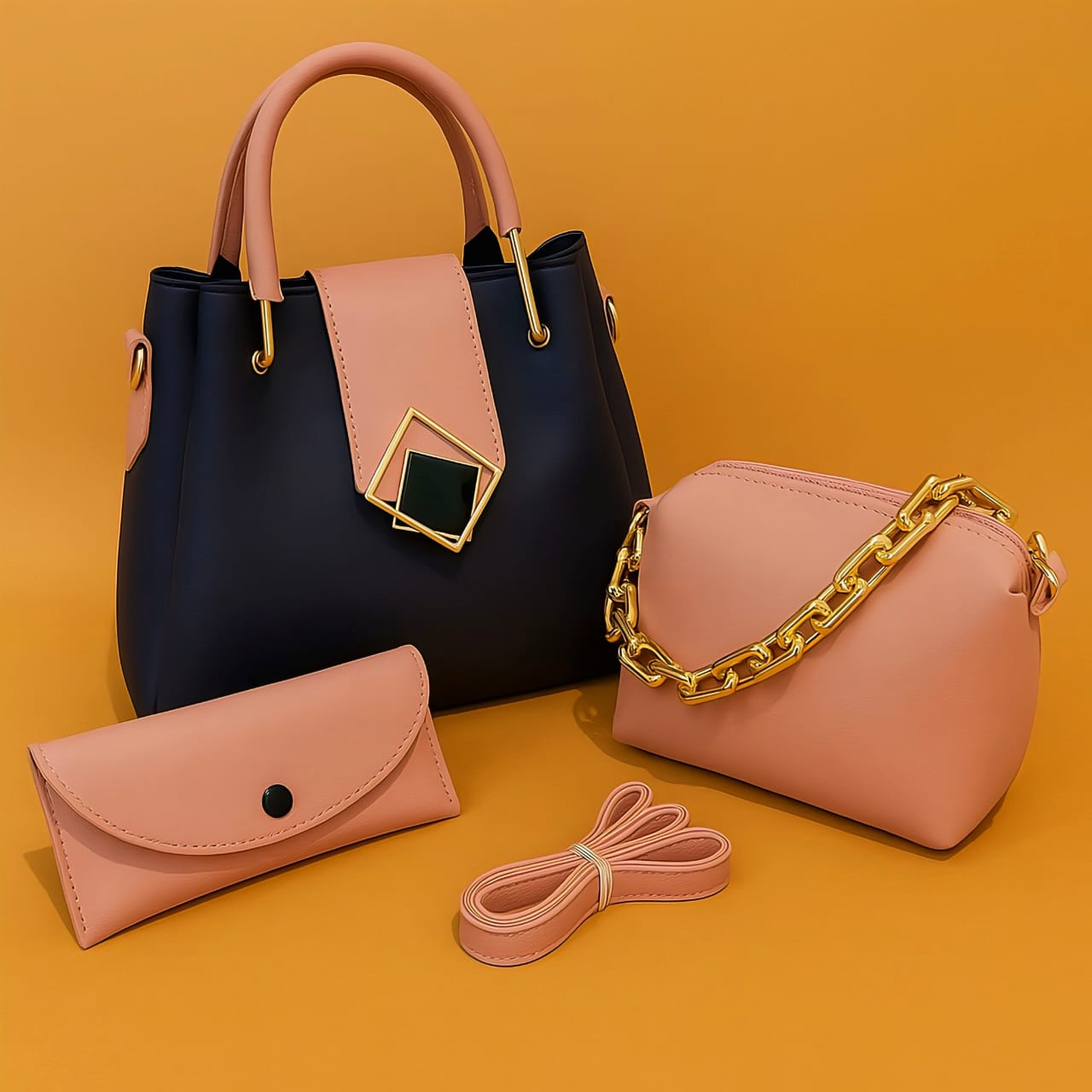 3-Piece High-Quality Synthetic Leather Shoulder Bag Set with Long Strap - Deewan E Kharidar