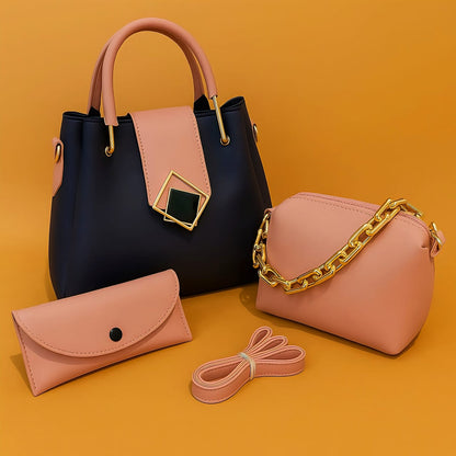 3-Piece High-Quality Synthetic Leather Shoulder Bag Set with Long Strap - Deewan E Kharidar