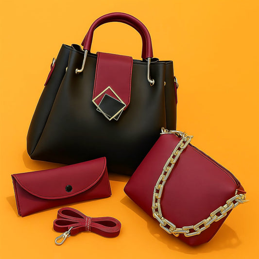 3-Piece High-Quality Synthetic Leather Shoulder Bag Set with Long Strap - Deewan E Kharidar