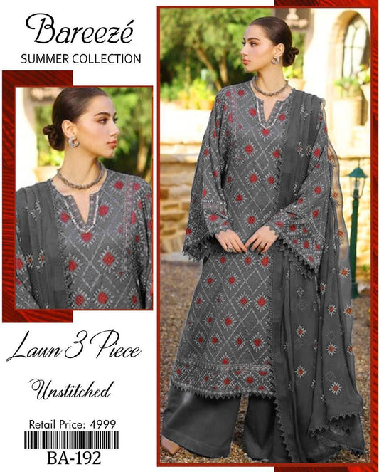 Elegant Charcoal Grey Embroidered Lawn 3-Piece – Bareeze Summer Collection