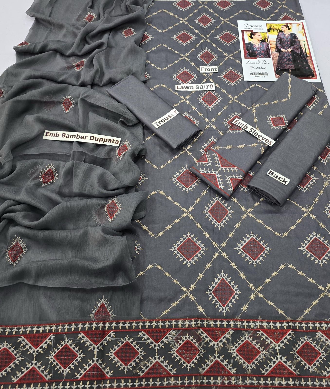 Elegant Charcoal Grey Embroidered Lawn 3-Piece – Bareeze Summer Collection