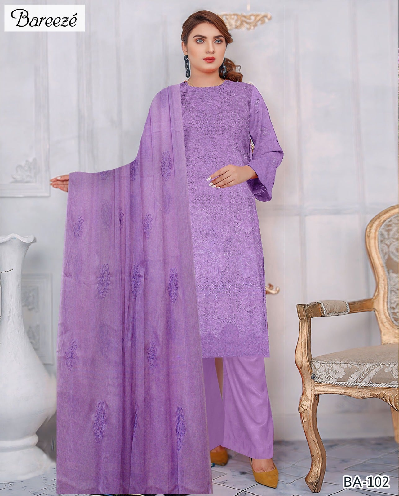 Elegant Lilac Embroidered Lawn Suit - Bareeze BA-102