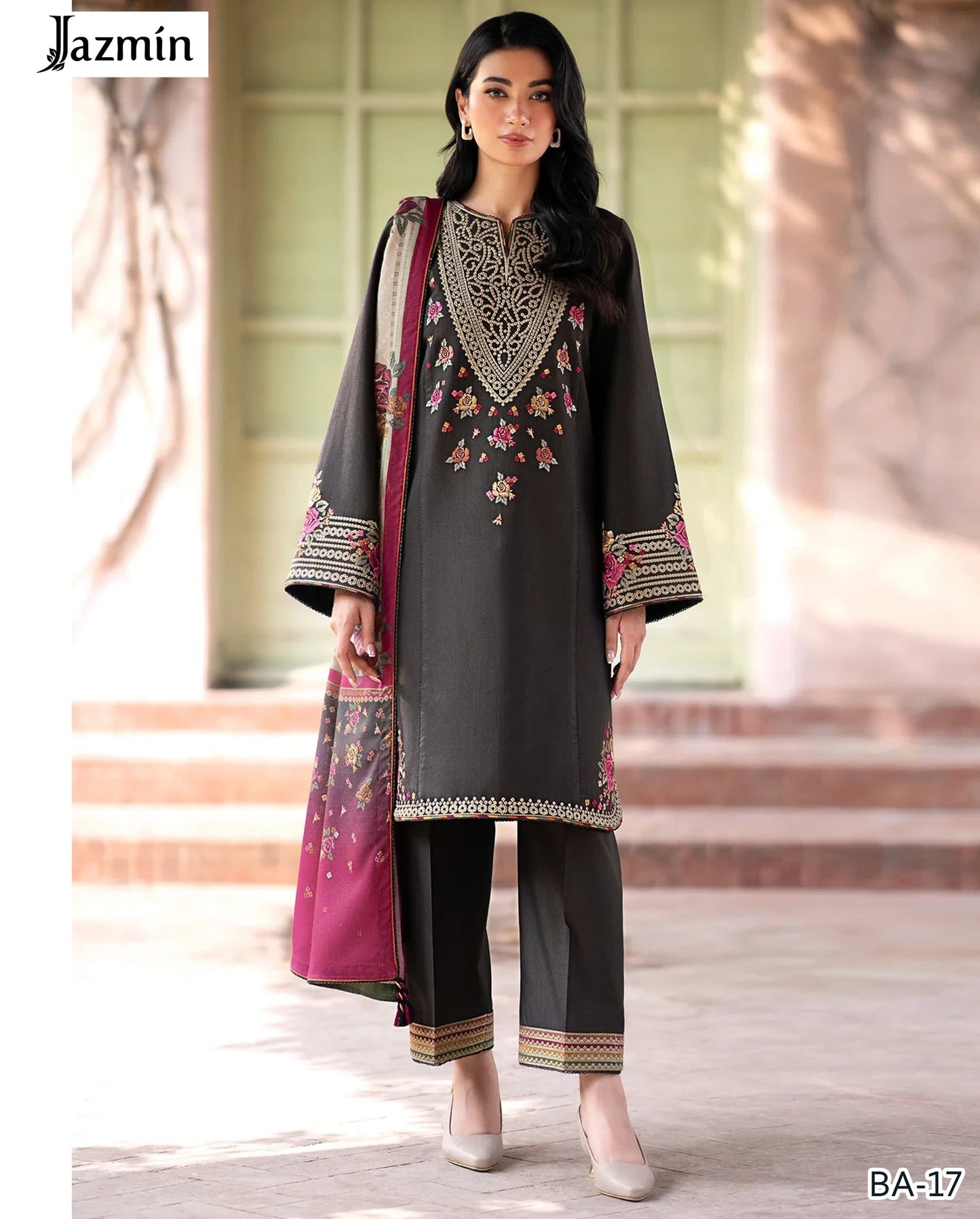 Elegant Embroidered Dark Grey Lawn Suit by Jazmin – BA-17