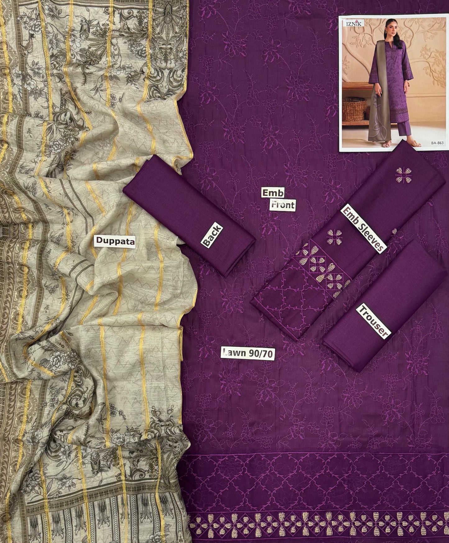 Graceful Plum Purple Embroidered Lawn Suit by Iznik – BA-863