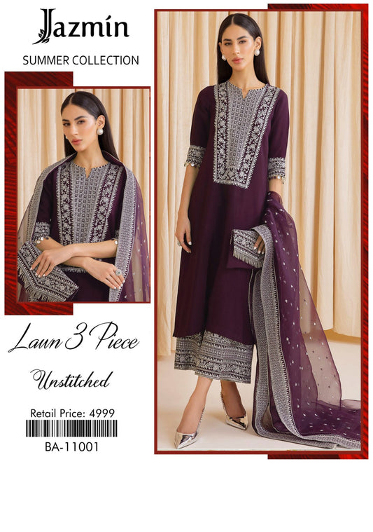 Deep Plum Embroidered Lawn 3-Piece Suit – Jazmin Summer Collection BA-11001