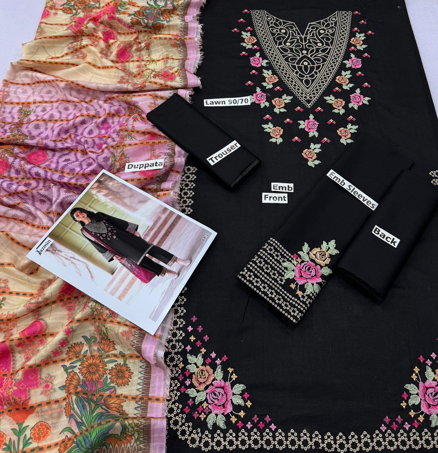 Elegant Embroidered Dark Grey Lawn Suit by Jazmin – BA-17