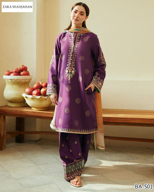 Royal Purple Embroidered Lawn Suit by Zara Shahjahan – BA-501