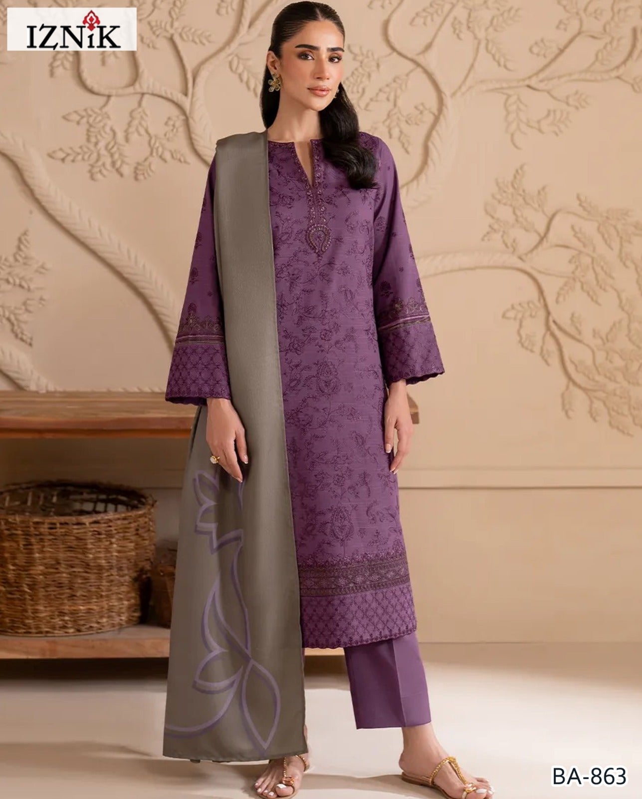 Graceful Plum Purple Embroidered Lawn Suit by Iznik – BA-863