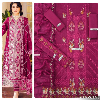 Mix Brands 3PC Embroidered Lawn Suit – Front & Sleeve Embroidery with Bamber Dupatta - Deewan E Kharidar