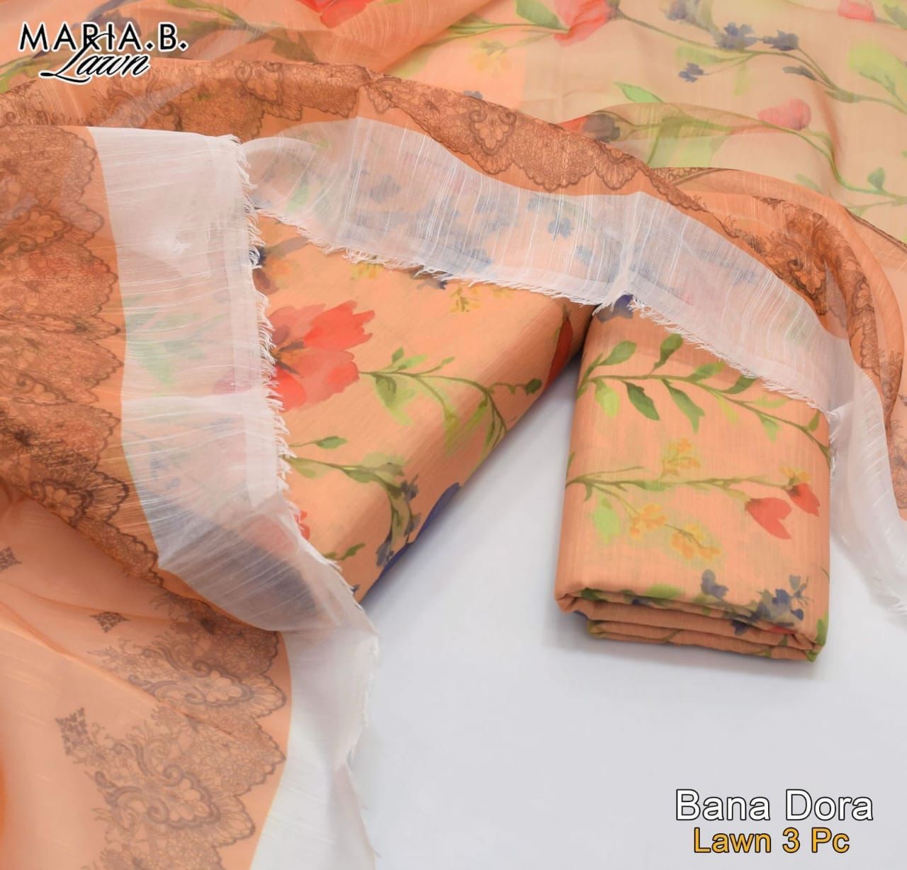 Maria B 3PC Lawn Banadora Silk Suit – Floral Digital Print | Dupatta Included - Deewan E Kharidar