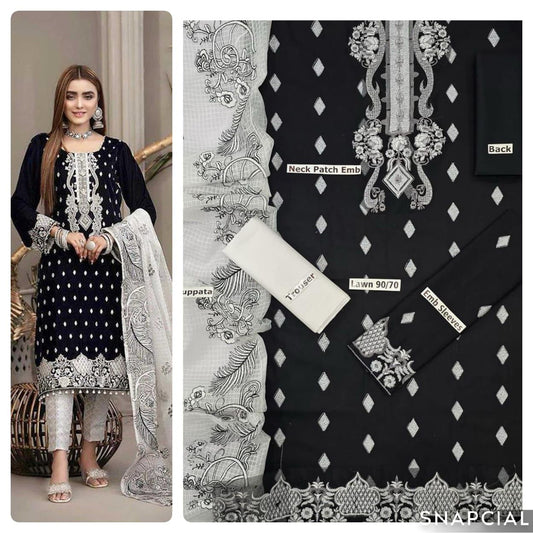 Mix Brands 3PC Embroidered Lawn Suit – Front & Sleeve Embroidery with Bamber Dupatta - Deewan E Kharidar