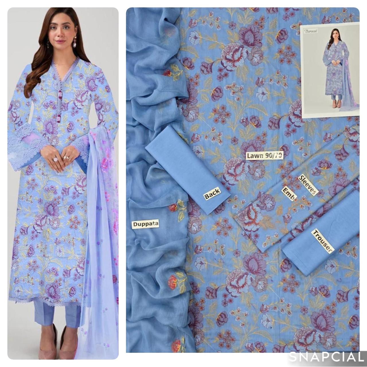 Mix Brands 3PC Embroidered Lawn Suit – Front & Sleeve Embroidery with Bamber Dupatta - Deewan E Kharidar