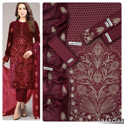 Mix Brands 3PC Embroidered Lawn Suit – Front & Sleeve Embroidery with Bamber Dupatta - Deewan E Kharidar