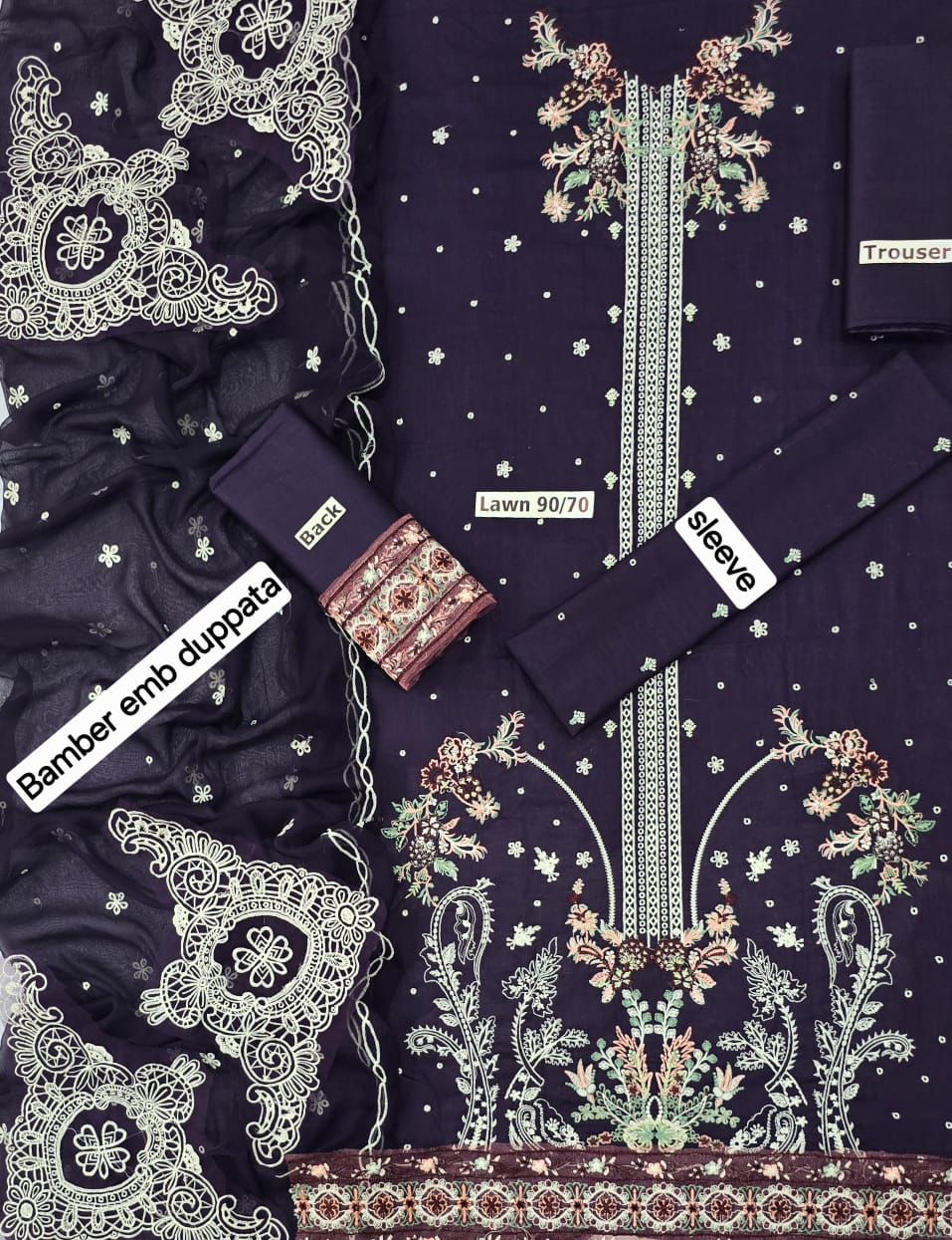 Zarqash 3-Piece Banadora Lawn Suit – Full Embroidered Front & Sleeves with Bamber Dupatta | BA872 - Deewan E Kharidar