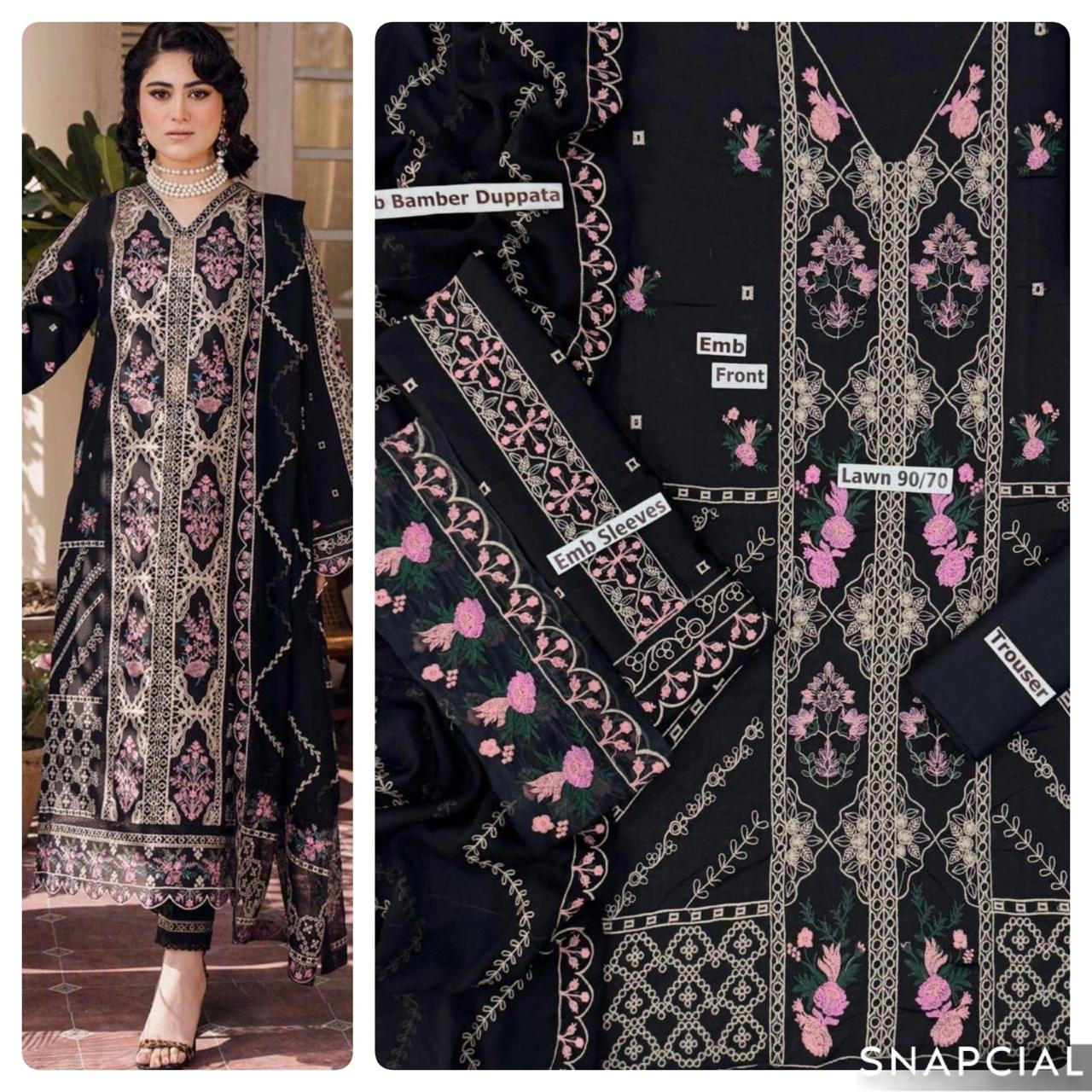 Mix Brands 3PC Embroidered Lawn Suit – Front & Sleeve Embroidery with Bamber Dupatta - Deewan E Kharidar