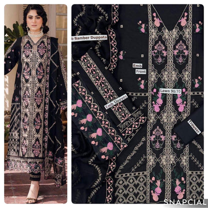 Mix Brands 3PC Embroidered Lawn Suit – Front & Sleeve Embroidery with Bamber Dupatta - Deewan E Kharidar
