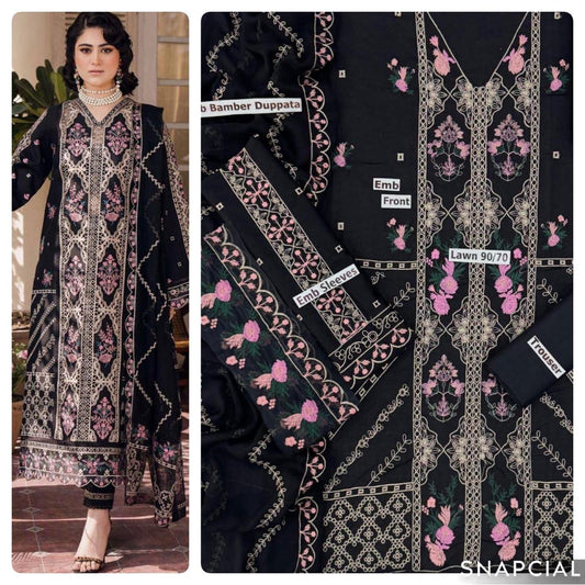 Mix Brands 3PC Embroidered Lawn Suit – Front & Sleeve Embroidery with Bamber Dupatta - Deewan E Kharidar