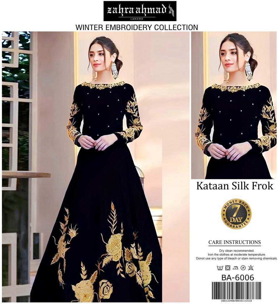 ✨ Zahra Ahmed Katan Silk Embroidered Frock – Elegant 2-Piece Suit ✨