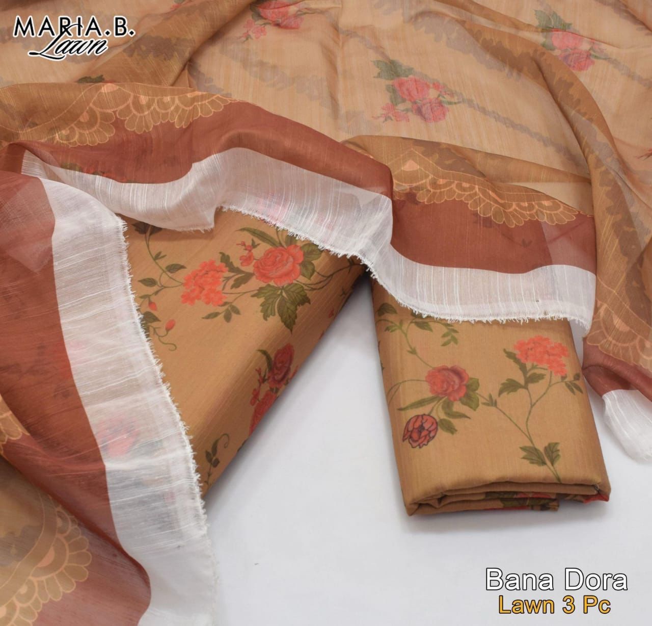 Maria B 3PC Lawn Banadora Silk Suit – Floral Digital Print | Dupatta Included - Deewan E Kharidar